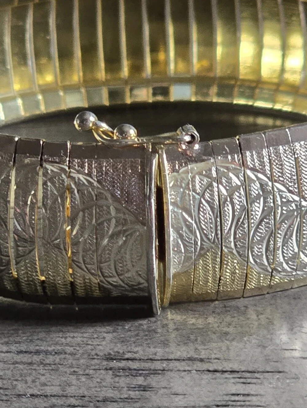 Vintage Italian Wide Flexible Tri-tone Vermeil and Sterling Silver Bracelet